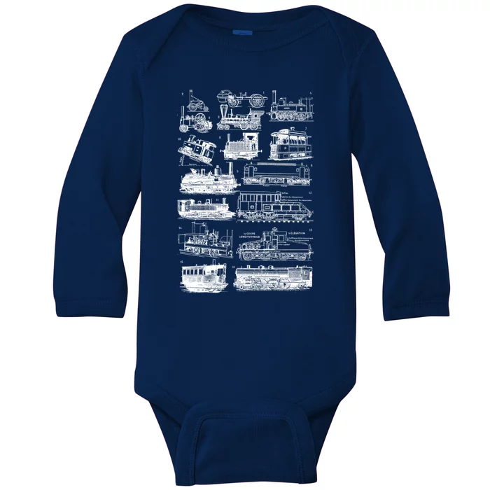 Steam Engine Train Steam Train Locomotive Vintage Chart Meaningful Gift Baby Long Sleeve Bodysuit