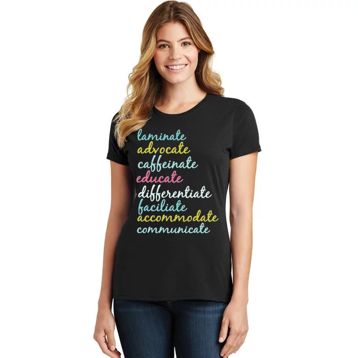 Special Education Teacher Laminate Advocate Caffeinate Women's T-Shirt