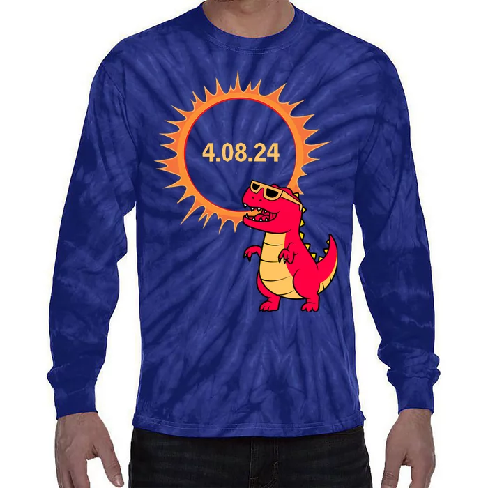 Solar Eclipse T Rex Dinosaur Solar Eclipse Glasses 2024 Tie-Dye Long Sleeve Shirt