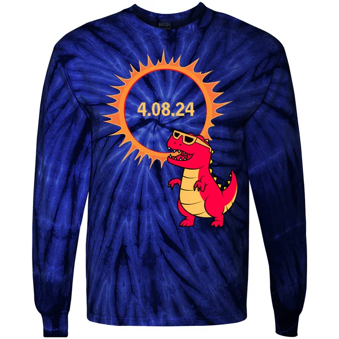 Solar Eclipse T Rex Dinosaur Solar Eclipse Glasses 2024 Tie-Dye Long Sleeve Shirt