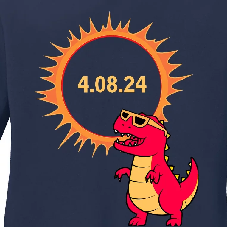 Solar Eclipse T Rex Dinosaur Solar Eclipse Glasses 2024 Ladies Long Sleeve Shirt