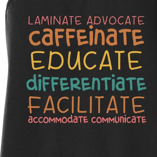 Special Education Teacher Laminate Accommodate Collaborate Women's Racerback Tank