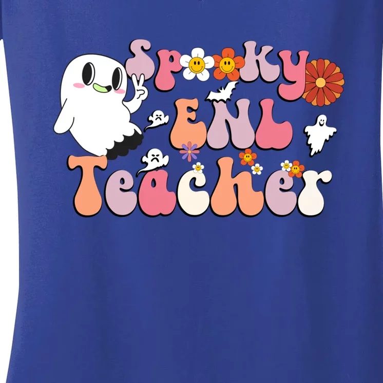 Spooky Enl Teacher Groovy Halloween English New Language Meaningful Gift Women's V-Neck T-Shirt