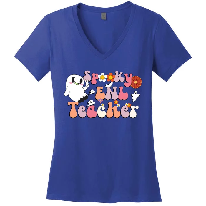 Spooky Enl Teacher Groovy Halloween English New Language Meaningful Gift Women's V-Neck T-Shirt