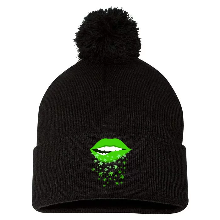 Sexy Lips Cannabis Marijuana Weed Pom Pom 12in Knit Beanie