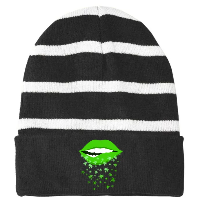 Sexy Lips Cannabis Marijuana Weed Striped Beanie with Solid Band