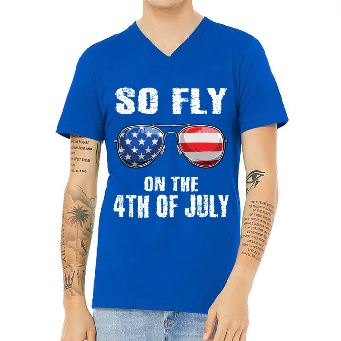 So Fly 4th Of July American Flag Sunglasses Teens Gift V-Neck T-Shirt