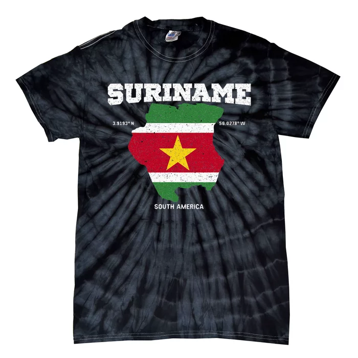 Suriname Flag And Map Suriname Coordinates Tie-Dye T-Shirt