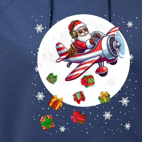 Santa Flying Airplane Christmas Moon Matching Pilot Lover Great Gift Performance Fleece Hoodie