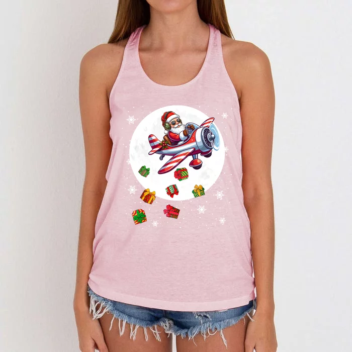 Santa Flying Airplane Christmas Moon Matching Pilot Lover Great Gift Women's Knotted Racerback Tank