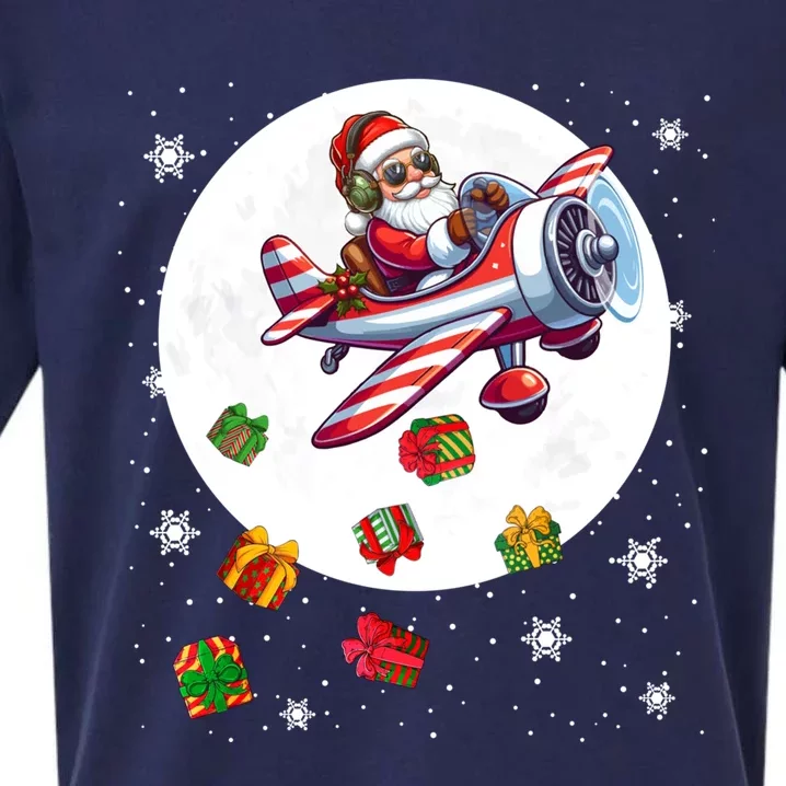 Santa Flying Airplane Christmas Moon Matching Pilot Lover Great Gift Sueded Cloud Jersey T-Shirt