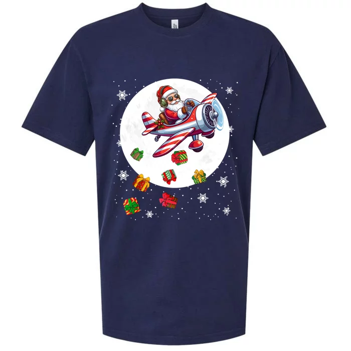 Santa Flying Airplane Christmas Moon Matching Pilot Lover Great Gift Sueded Cloud Jersey T-Shirt