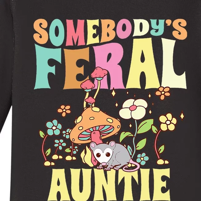 Somebody's Feral Auntie Opossum Wild Aunt Groovy Mushroom Baby Long Sleeve Bodysuit