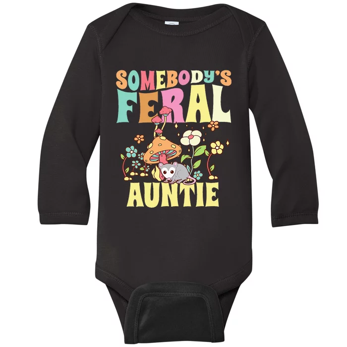 Somebody's Feral Auntie Opossum Wild Aunt Groovy Mushroom Baby Long Sleeve Bodysuit