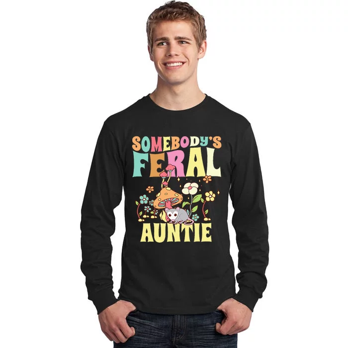 Somebody's Feral Auntie Opossum Wild Aunt Groovy Mushroom Tall Long Sleeve T-Shirt