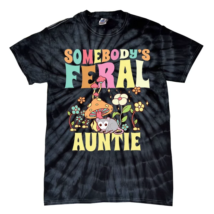 Somebody's Feral Auntie Opossum Wild Aunt Groovy Mushroom Tie-Dye T-Shirt