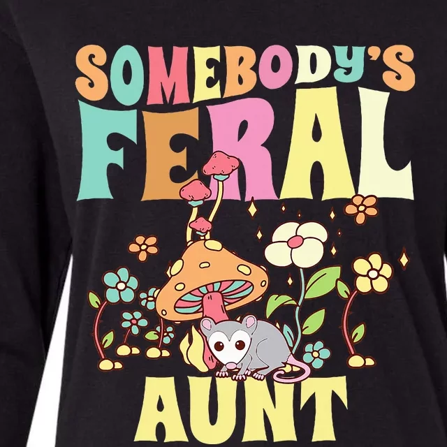 Somebody's Feral Aunt Opossum Wild Auntie Groovy Mushroom Womens Cotton Relaxed Long Sleeve T-Shirt