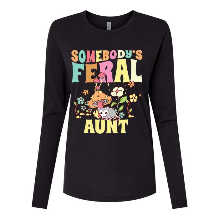 Somebody's Feral Aunt Opossum Wild Auntie Groovy Mushroom Womens Cotton Relaxed Long Sleeve T-Shirt