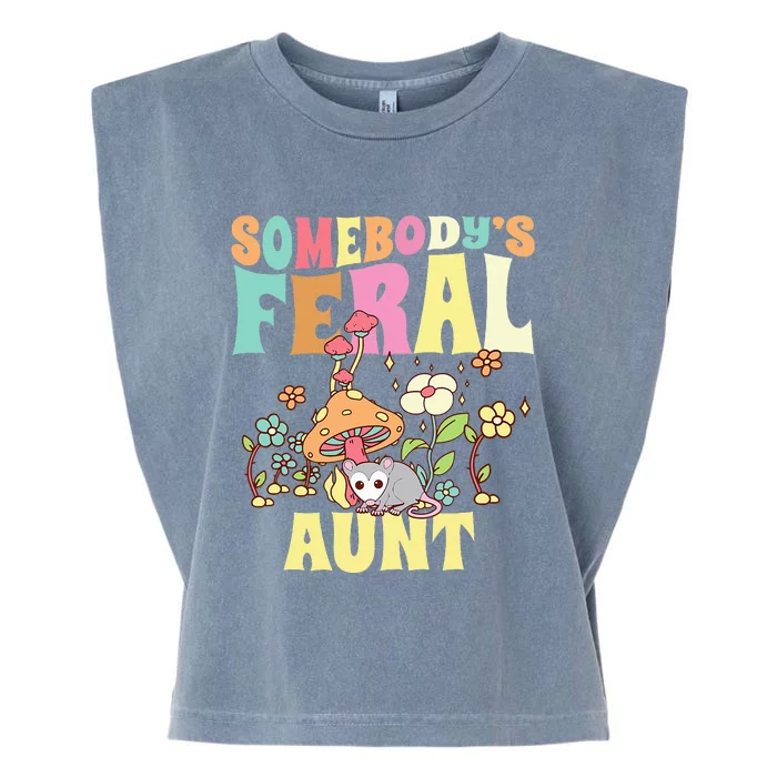 Somebody's Feral Aunt Opossum Wild Auntie Groovy Mushroom Garment-Dyed Women's Muscle Tee