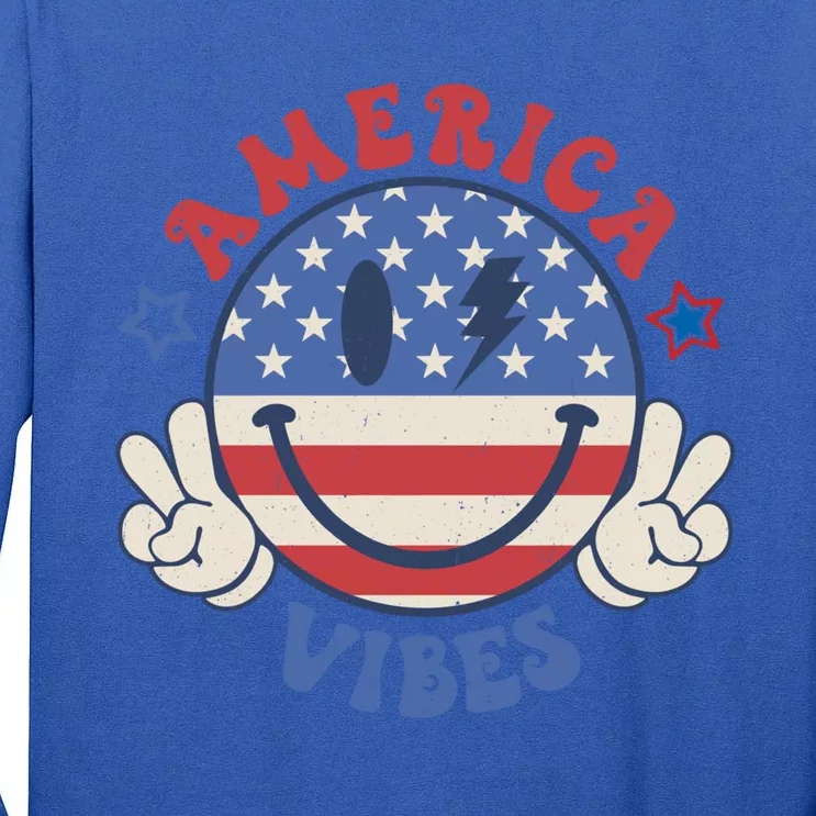 Smile Face America Vibes Usa Flag 4th Of July Patriotic Gift Tall Long Sleeve T-Shirt