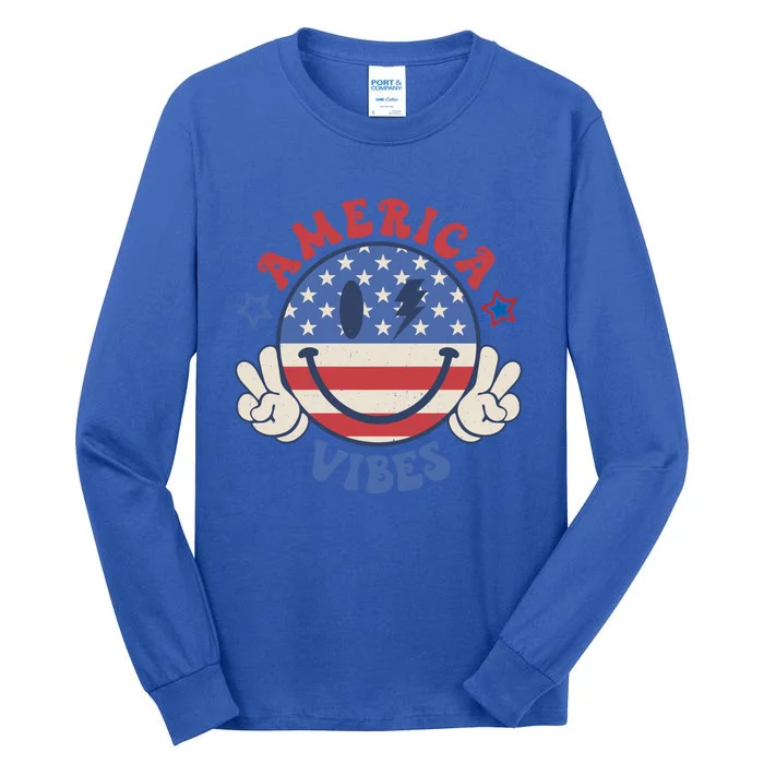 Smile Face America Vibes Usa Flag 4th Of July Patriotic Gift Tall Long Sleeve T-Shirt