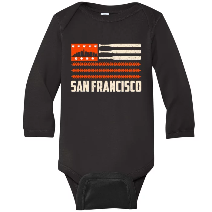 San Francisco Baseball Flag Patriotic Vintage Baby Long Sleeve Bodysuit