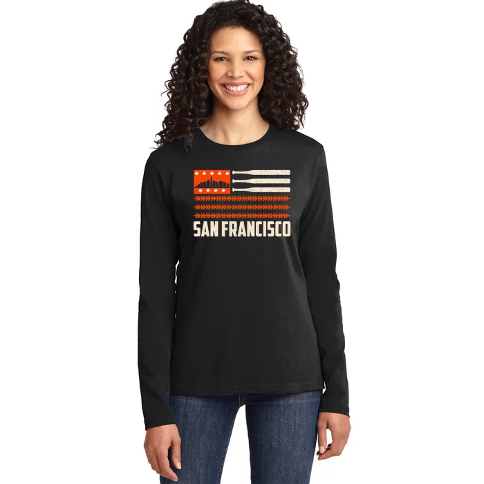 San Francisco Baseball Flag Patriotic Vintage Ladies Long Sleeve Shirt