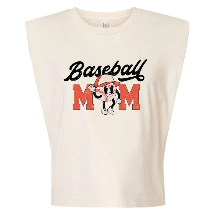 Smile Face Baseball Mom Game Day Retro Groovy Mother's Day Garment-Dyed Women's Muscle Tee