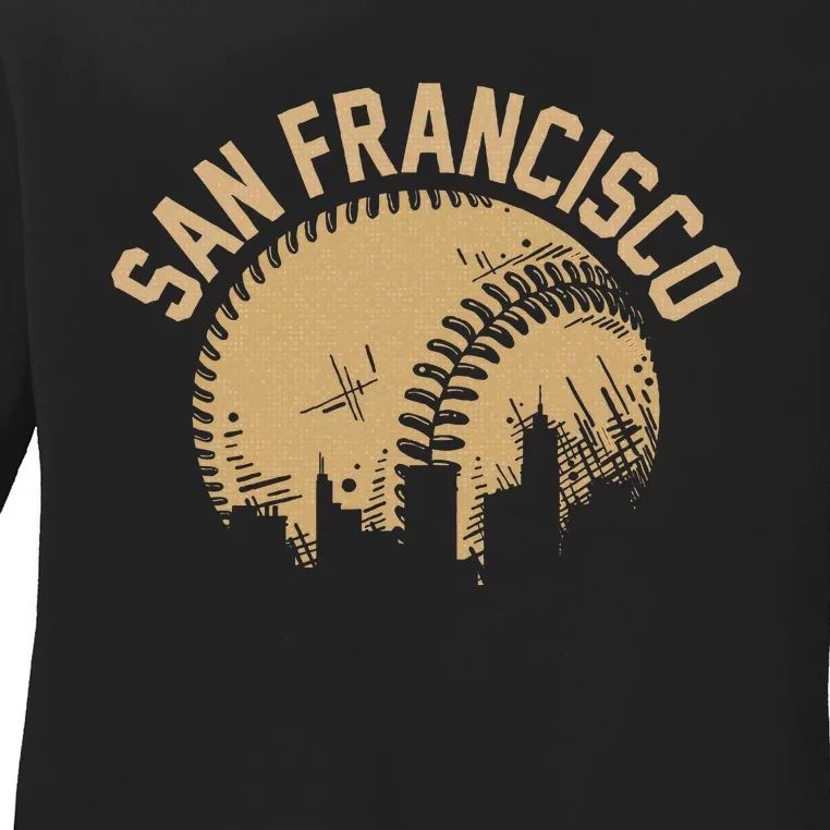 San Francisco Baseball Skyline California Player Coach Fan Ladies Long Sleeve Shirt