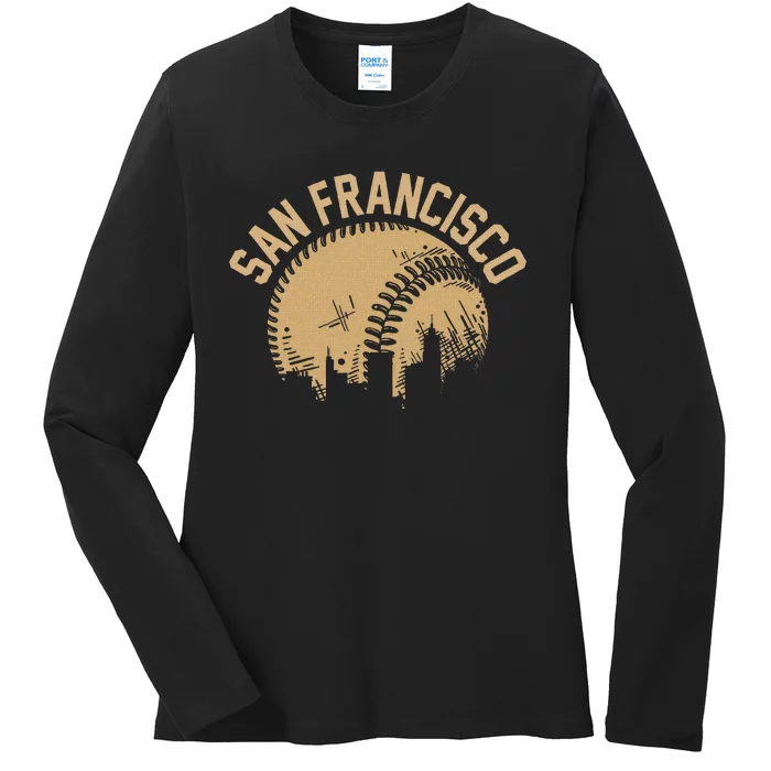 San Francisco Baseball Skyline California Player Coach Fan Ladies Long Sleeve Shirt