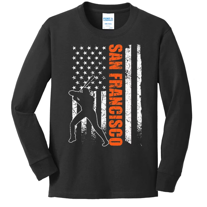 San Francisco Baseball Flag USA Vintage Patriotic Baseball Kids Long Sleeve Shirt