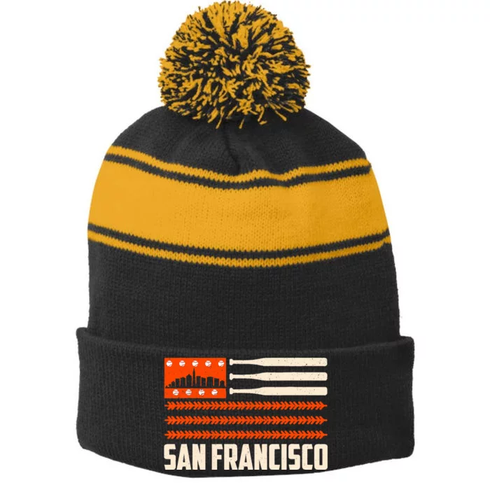 San Francisco Baseball Flag Patriotic Vintage Stripe Pom Pom Beanie