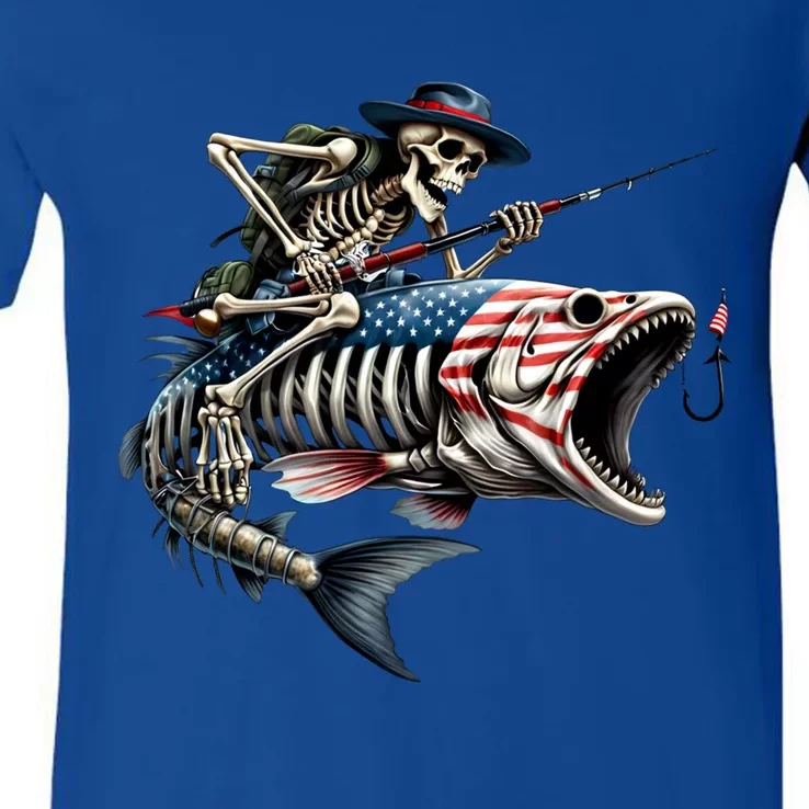 Skeleton Fishing Bass Fisherman Halloween V-Neck T-Shirt