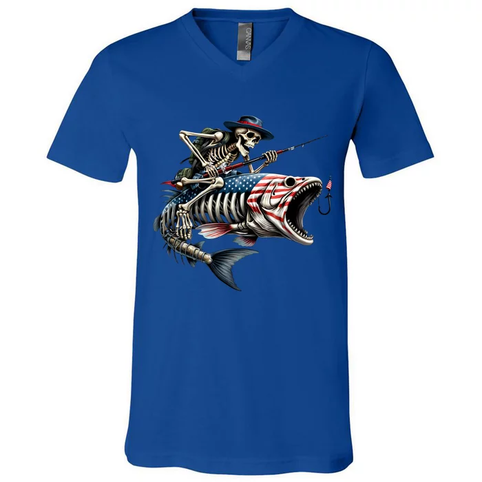 Skeleton Fishing Bass Fisherman Halloween V-Neck T-Shirt