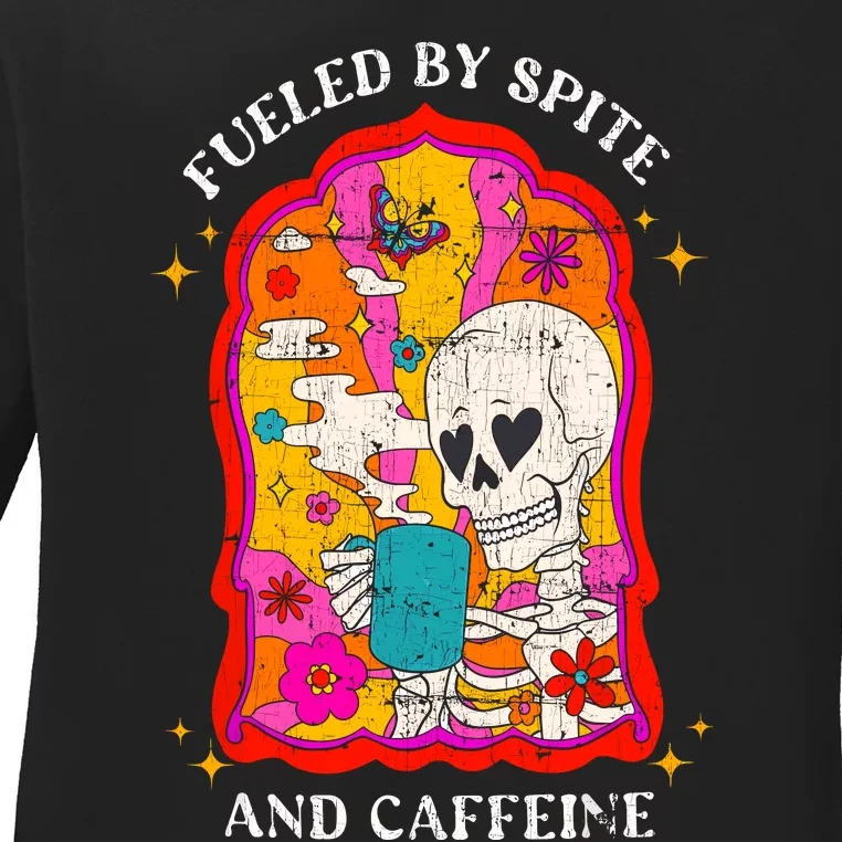 Skeleton Fueled By Spite And Caffeine Ladies Long Sleeve Shirt