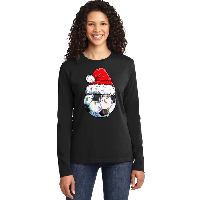 Soccer Football Christmas Santa Hat Hilarious Xmas Gift Ladies Long Sleeve Shirt