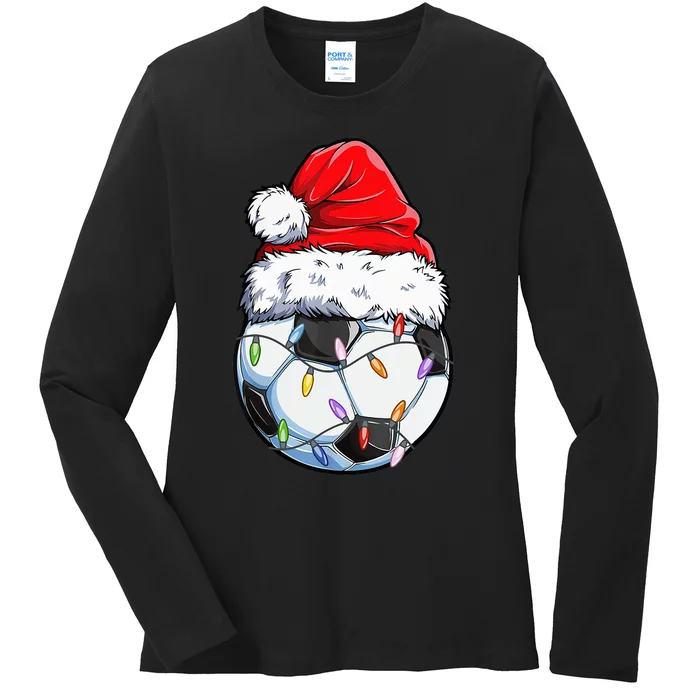 Soccer Football Christmas Santa Hat Hilarious Xmas Gift Ladies Long Sleeve Shirt