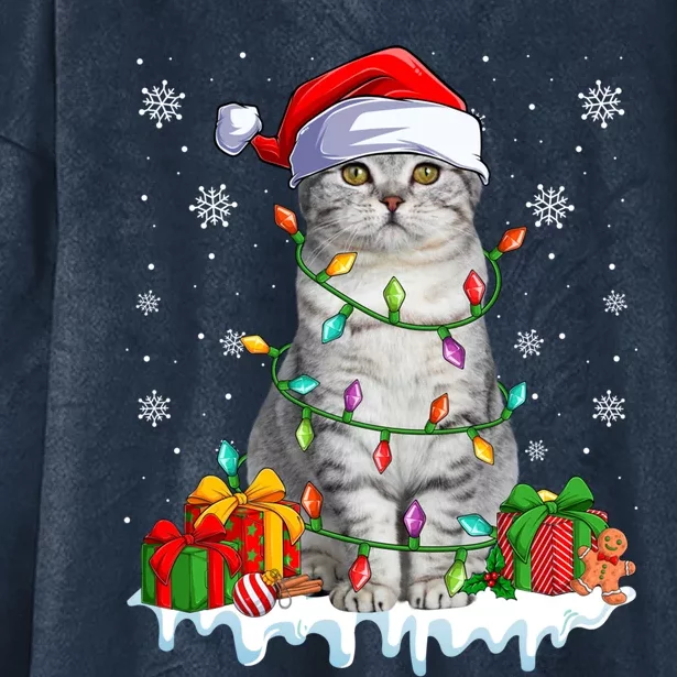 Scottish Fold Cat Xmas Light Christmas Kitten Lover Great Gift Hooded Wearable Blanket