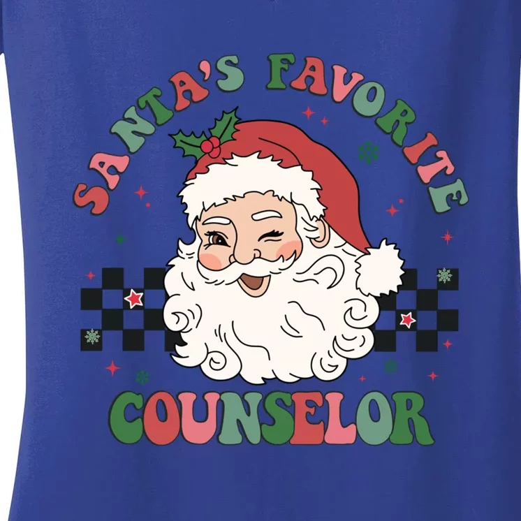 SantaS Favorite Counselor Retro Groovy Santa Face Christmas Gift Women's V-Neck T-Shirt