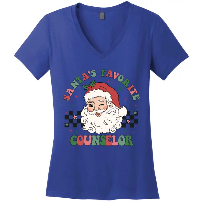 SantaS Favorite Counselor Retro Groovy Santa Face Christmas Gift Women's V-Neck T-Shirt