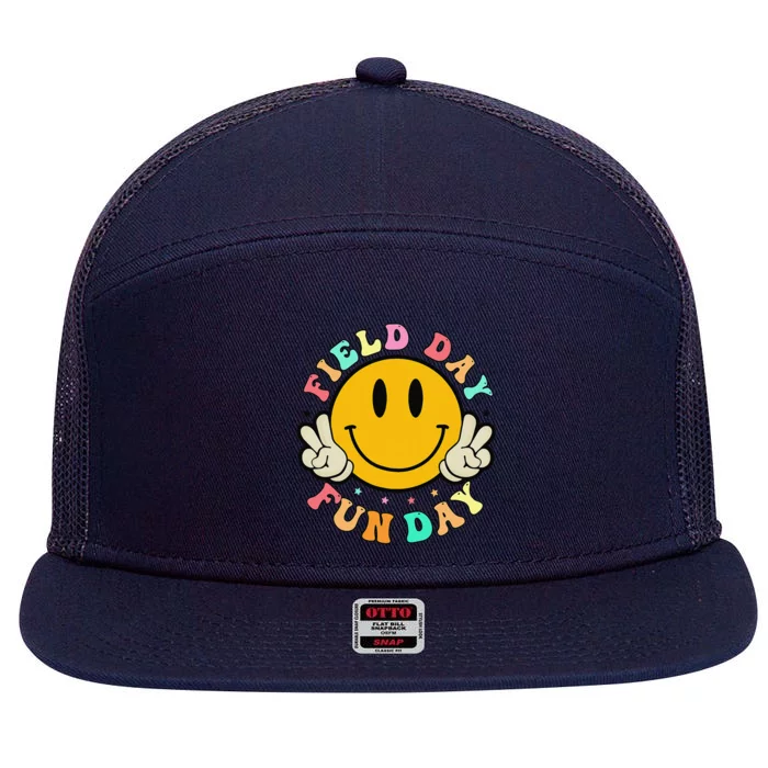 School Field Day Fun Smile Face Field Day 2024 Teacher 7 Panel Mesh Trucker Snapback Hat