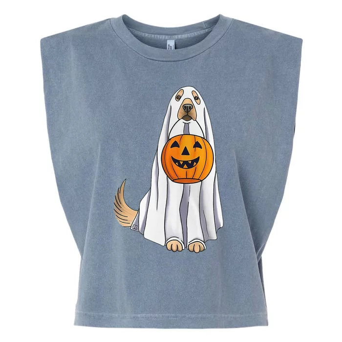 Spooky Fall Decor Golden Retriever Ghost Pumpkin Garment-Dyed Women's Muscle Tee