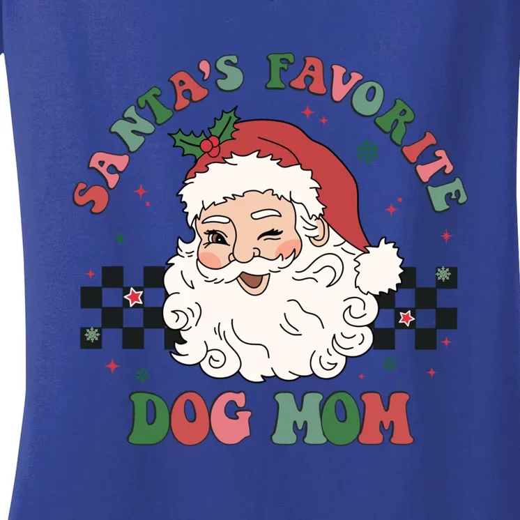 SantaS Favorite Dog Mom Retro Groovy Paws Christmas Santa Funny Gift Women's V-Neck T-Shirt