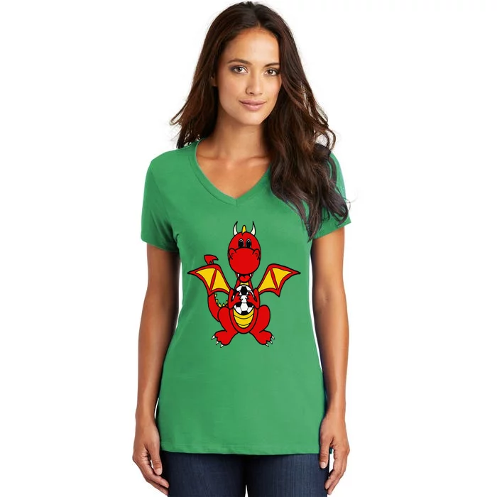 Southerndesigntees Funny Dragon Playing Soccer Women's V-Neck T-Shirt