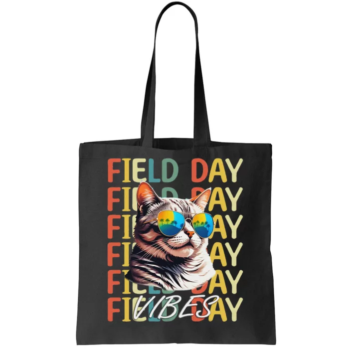 School Field Day Vibes Summer 2024 Retro Cat Teachers Tote Bag