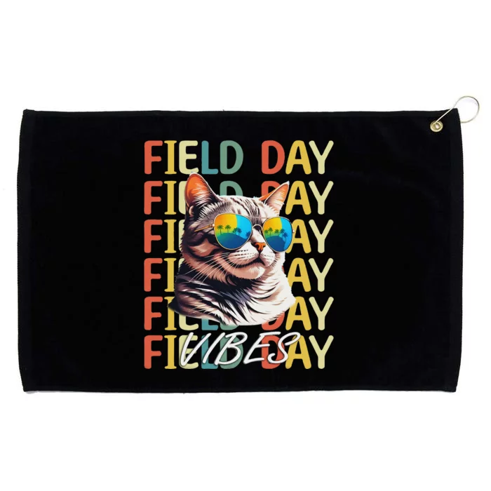 School Field Day Vibes Summer 2024 Retro Cat Teachers Grommeted Golf Towel