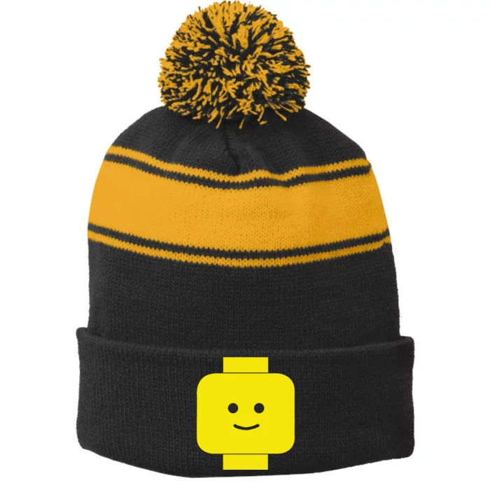 Smily Face Expression Lego Head Stripe Pom Pom Beanie