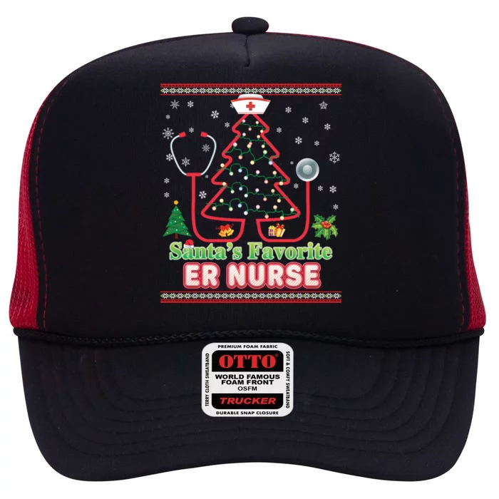 Santas Favorite Er Nurse Christmas Tree Stethoscope Sweater Gift High Crown Mesh Trucker Hat