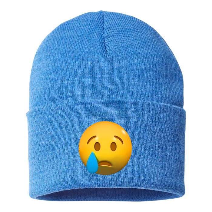 Sad Face Emoji Crying Tear Sustainable Knit Beanie | TeeShirtPalace