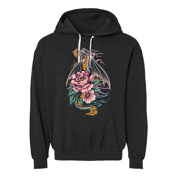 Springtime Floral Fire Dragon Garment-Dyed Fleece Hoodie